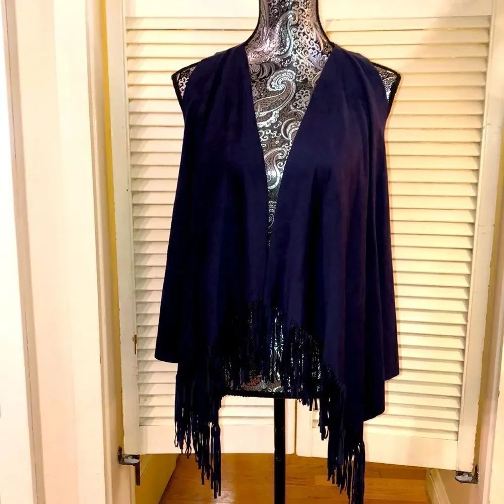 INC Boho Fringe Vegan Suede Vest in Deep Midnight 🕛 Blue.